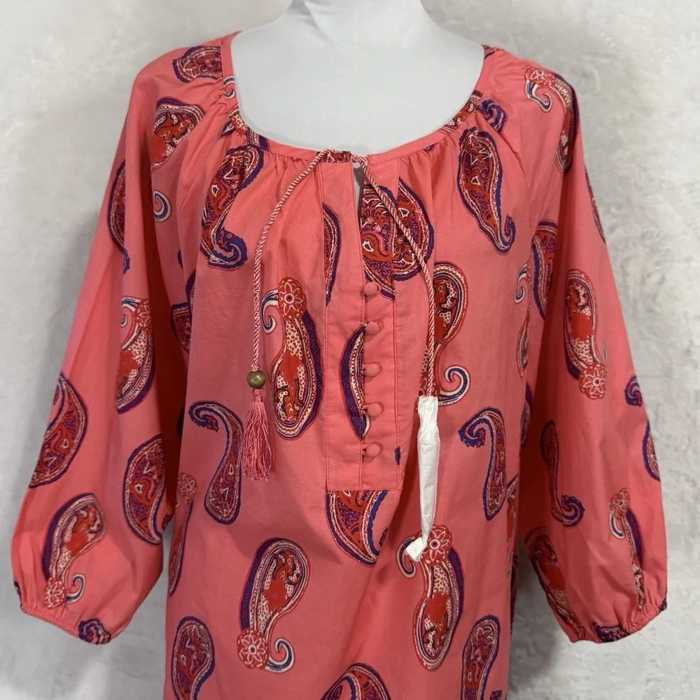 Liz Claiborne Coral Paisley Boho Blouse Top 1X Colorful‎ Resort Summer Shirt